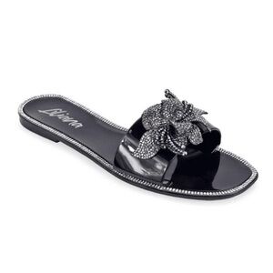 Liliana Black Slides with Rhinestone Flowers and Trim Size 10 Women’s